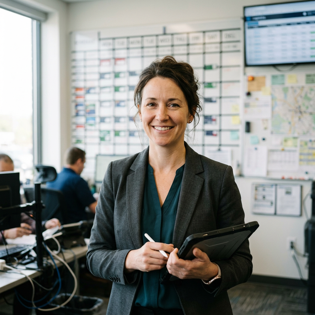 Portrait of Susan Thomas, an operations manager in a dispatch office