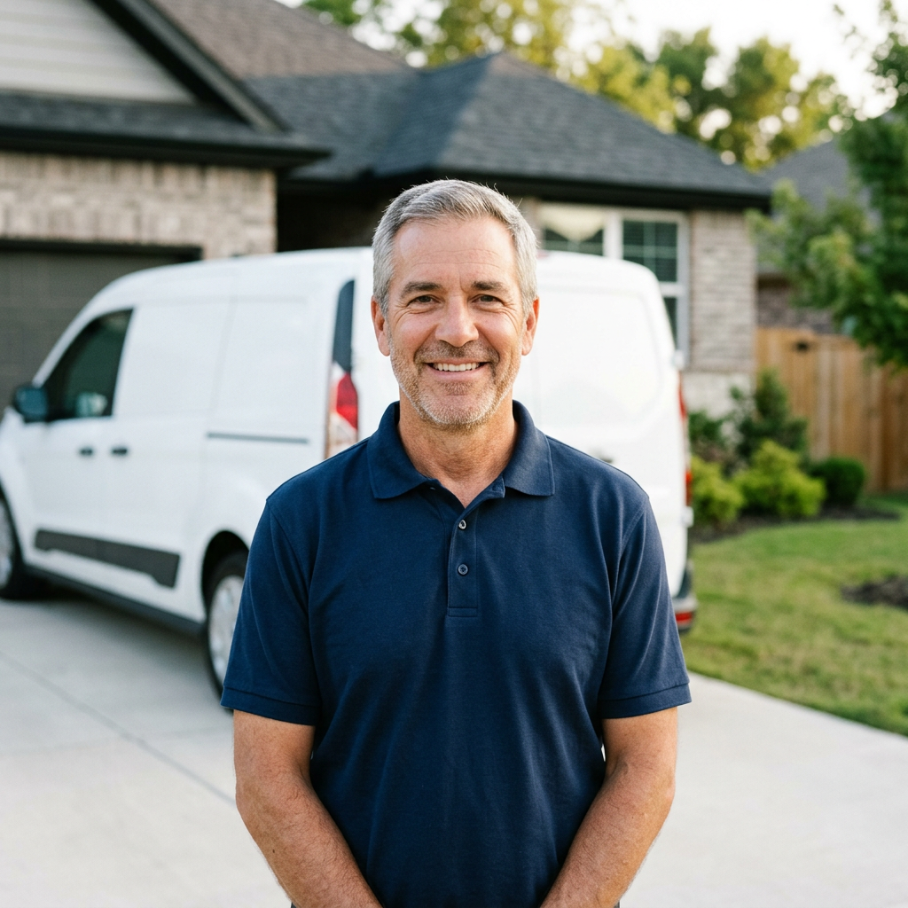 Portrait of Larry Knight, a home-service company owner standing in front of a company van