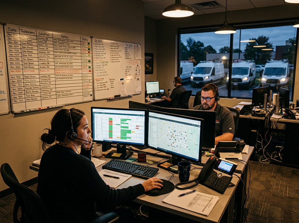 Dispatchers at a home-service company working phones and schedules in the evening
