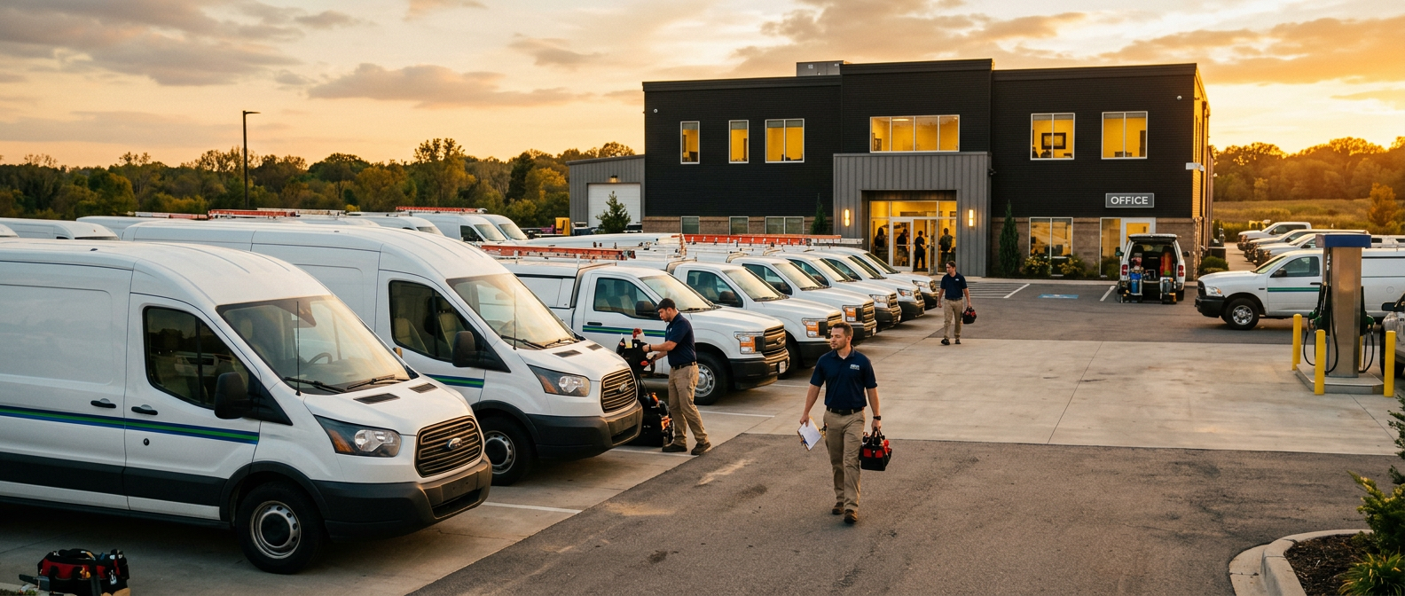 A growing home-service company's fleet of service trucks lined up outside its dispatch office