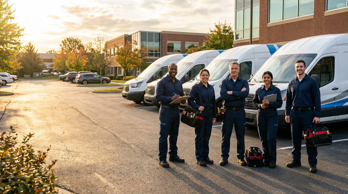 A team of home-service technicians standing in front of their company's service trucks