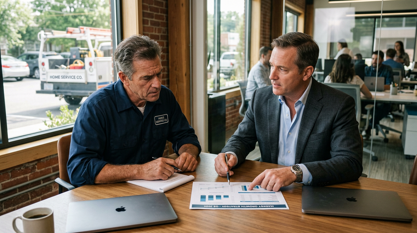 A home-service business owner and an Optimized AI strategist reviewing a printed growth report together