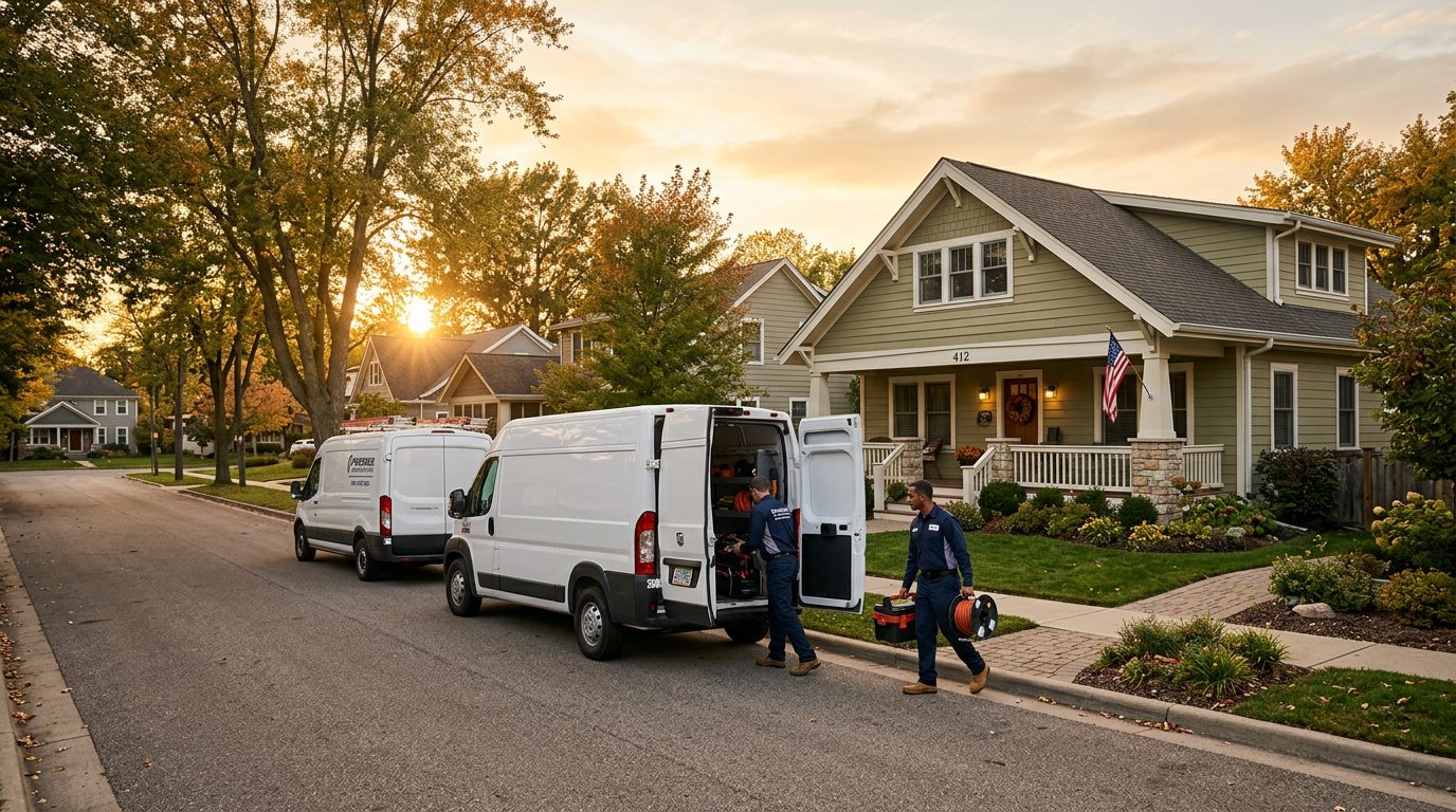 Home-service technicians loading a work van on a residential street at sunset